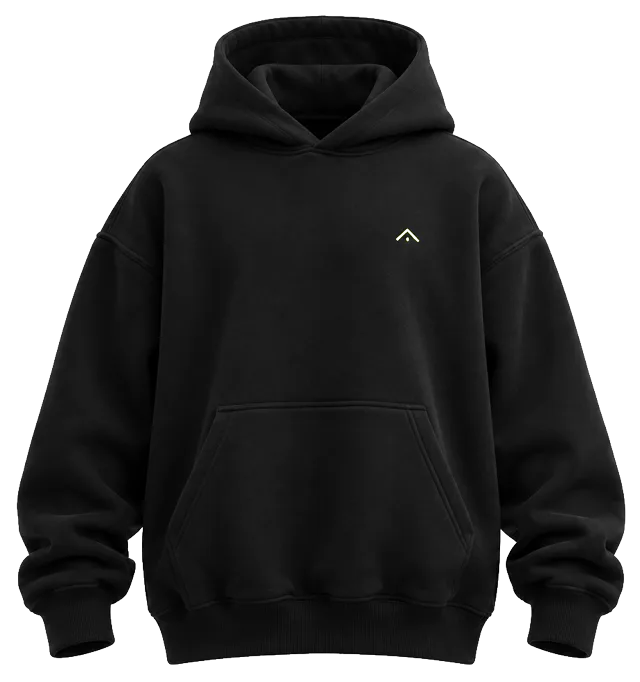 Hoodie oversized heavyweight hitam dengan tanda bordir lime di dada.